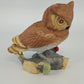 Horned Owl Porcelain Figurine on Log with Holly Red Berries Wildlife Decor 6.5"