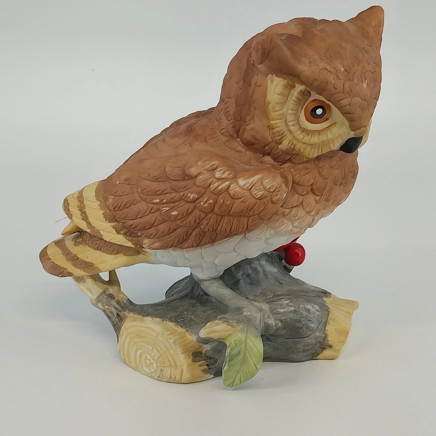 Horned Owl Porcelain Figurine on Log with Holly Red Berries Wildlife Decor 6.5"