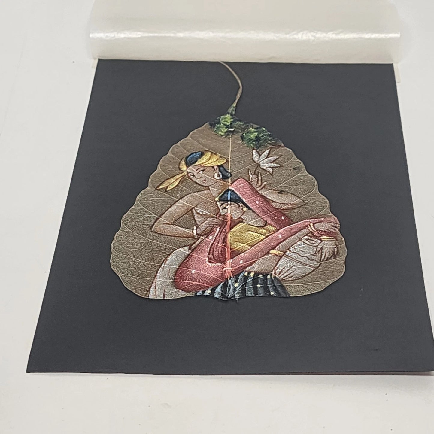 Hand Painted Peepal Leaf Art Indian Miniature Painting Hindu Couple 5" Unframed