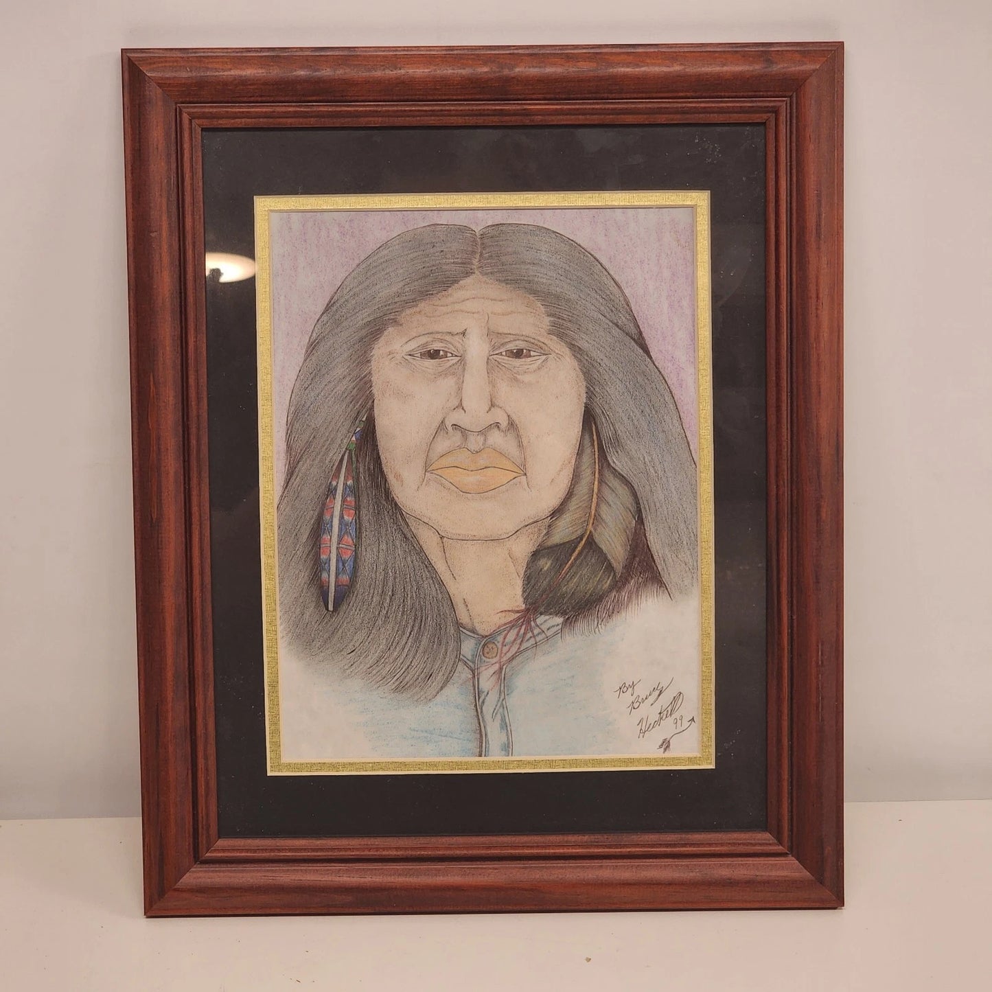 Bruce Heckel Pencil Drawing Native American Feather Earring Signed Art