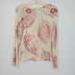 Womyn Cream Pink Botanical Leaf Print Top Women's XS Stretch Knit Long Sleeve