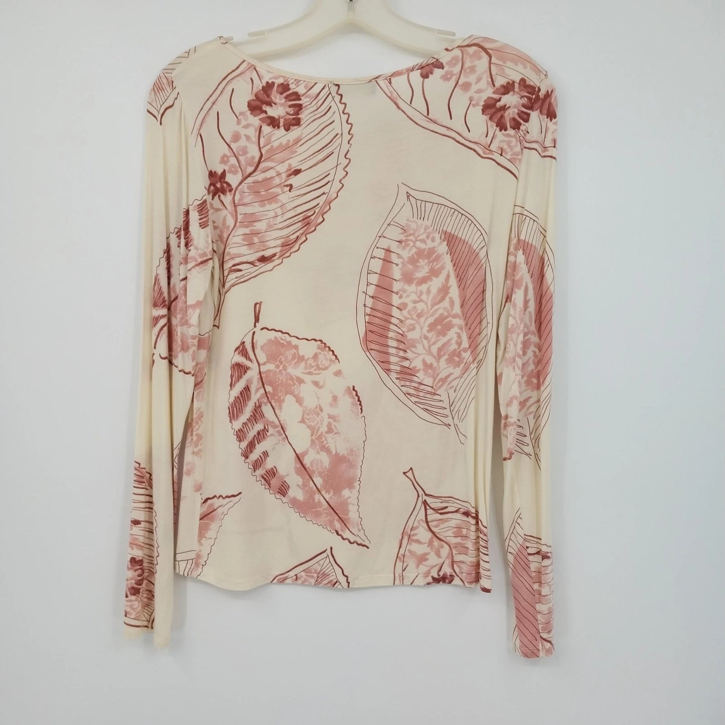 Womyn Cream Pink Botanical Leaf Print Top Women's XS Stretch Knit Long Sleeve