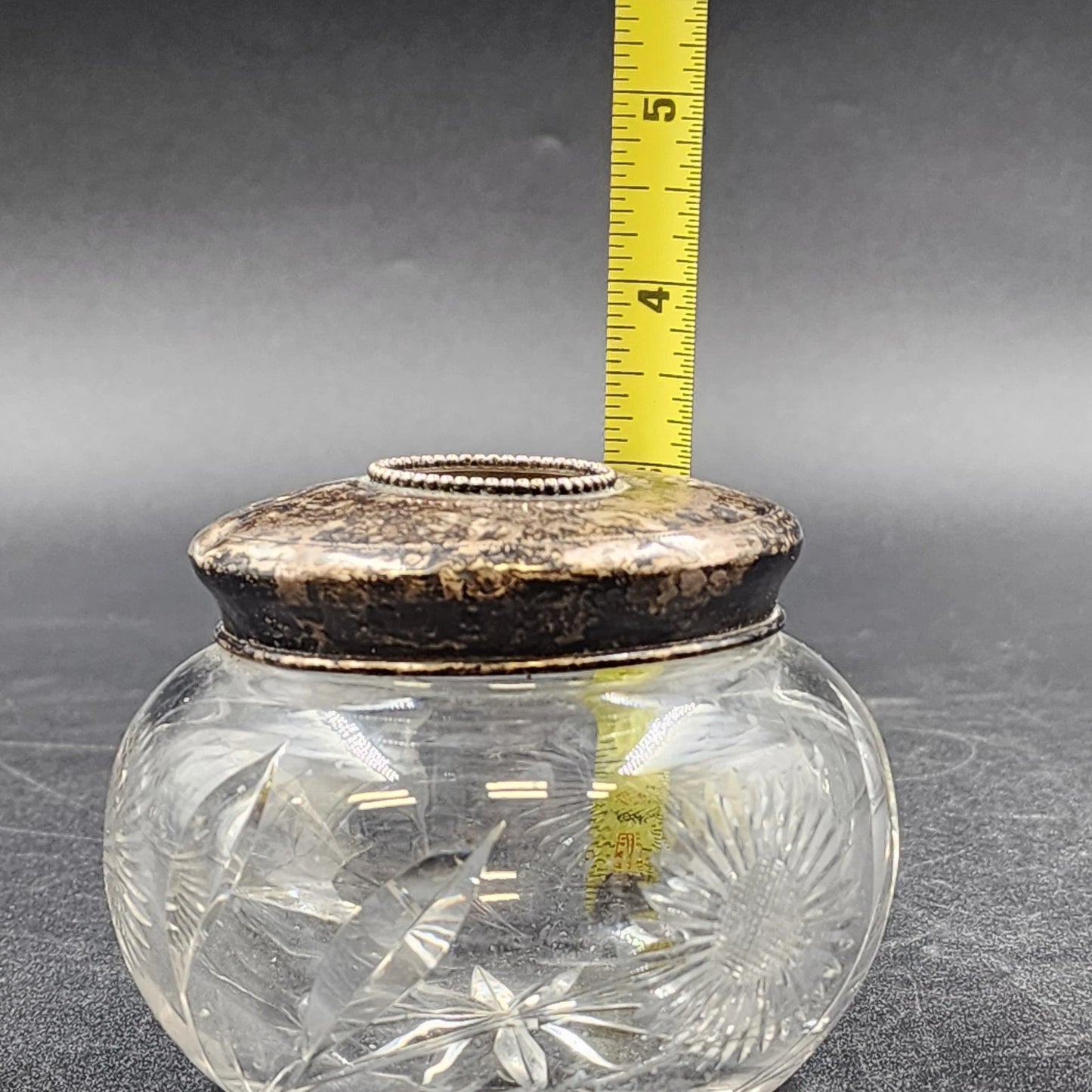 Antique Cut Crystal Hair Receiver Jar Silver Plate Lid 1920 Victorian Era