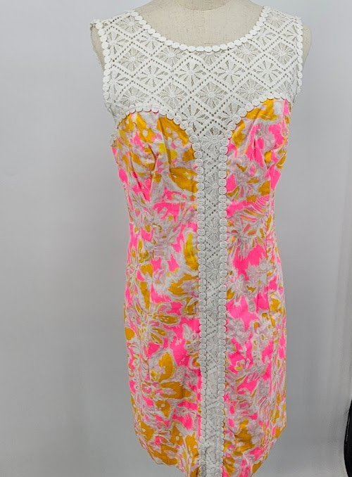 Lilly Pulitzer Sz 8 Pink White Lace Lined Back Zip Sleeveless Retro Dress