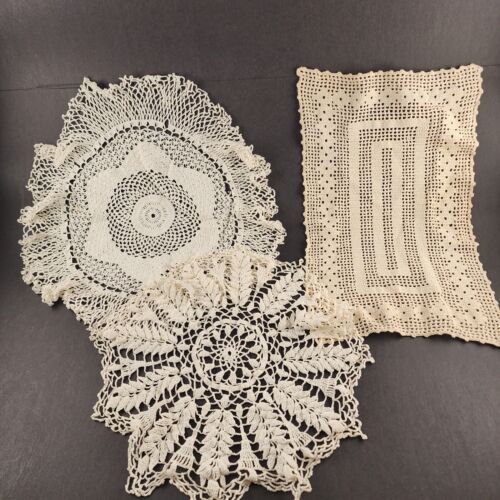 3 Vintage Crochet Lace Doily Table Linen Round Oblong White Cream 15" 12", 15x9"