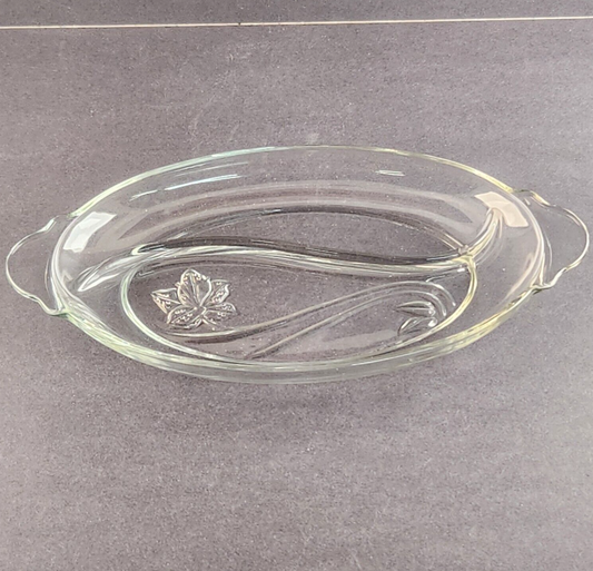 13" Oval 2 Section Relish Dish Clear Glass Frosted Leaf Anchor Hocking Vintage