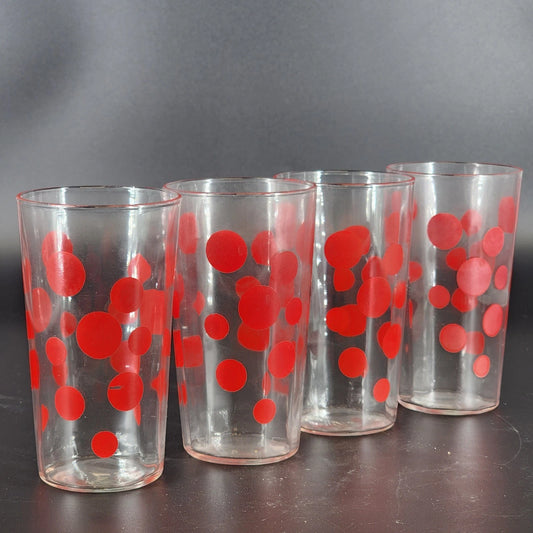 Red Polka Dot Glass Tumblers Set of 4 Clear Drinking Glasses 5" Tall 1960's Vtg