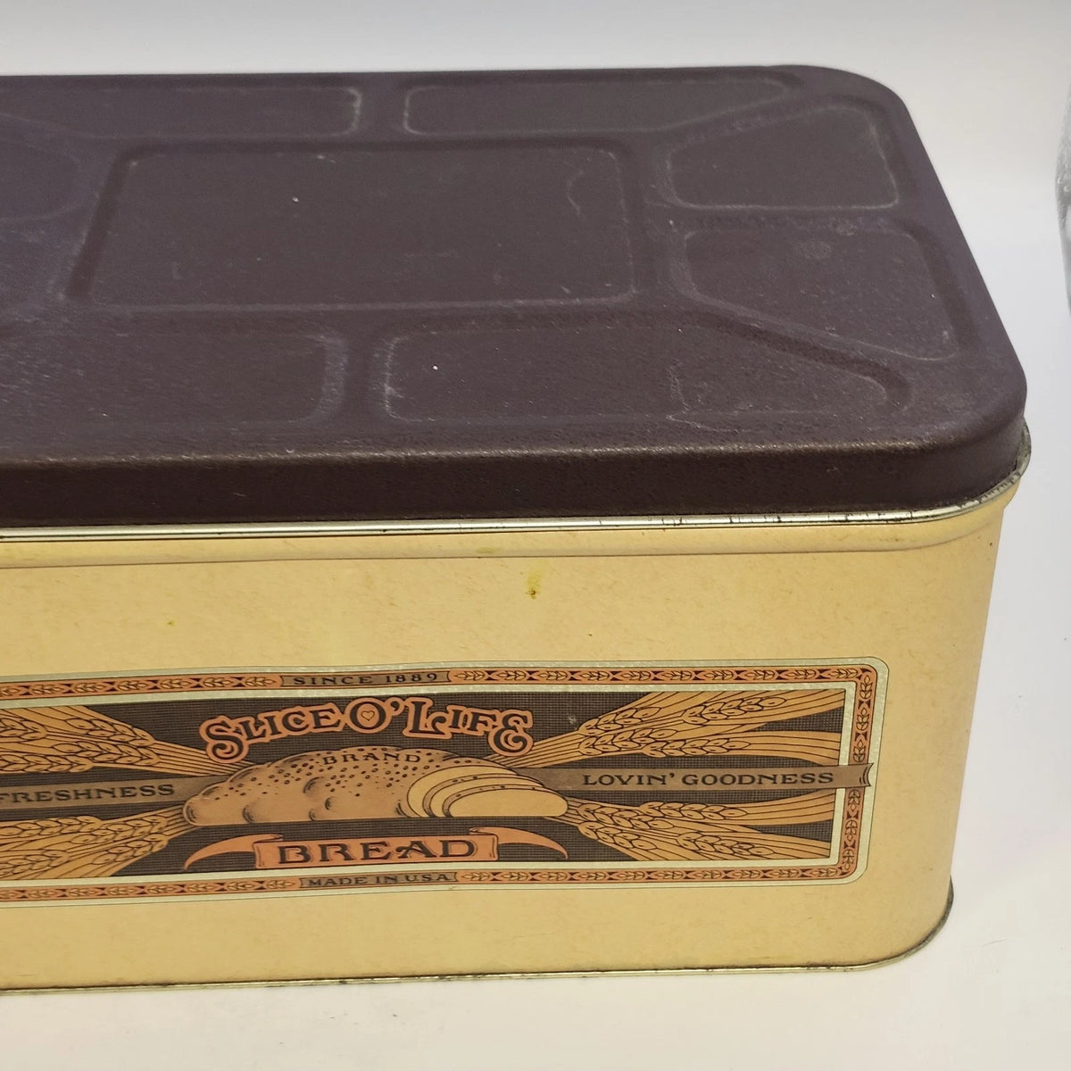 Slice O' Life Bread Empty Box Metal Tin Brown Lid Wheat Design 14" USA Vintage