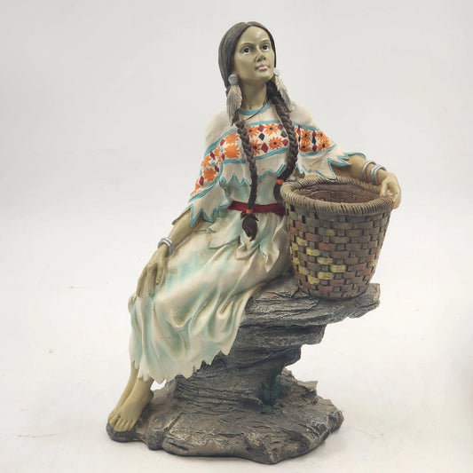 Universal Statuary Native American Indian Maiden Figurine Basket Resin 13" Vtg
