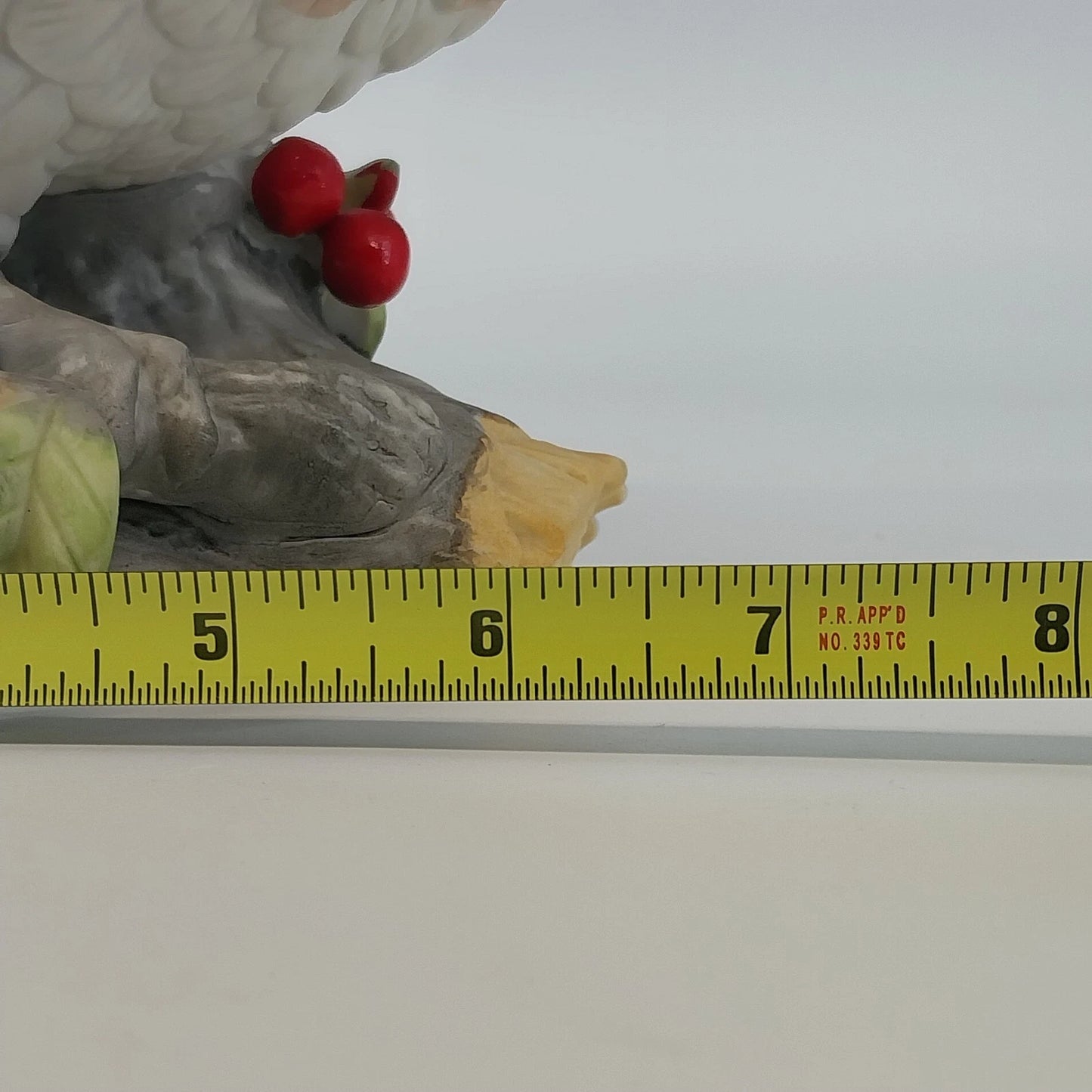 Horned Owl Porcelain Figurine on Log with Holly Red Berries Wildlife Decor 6.5"