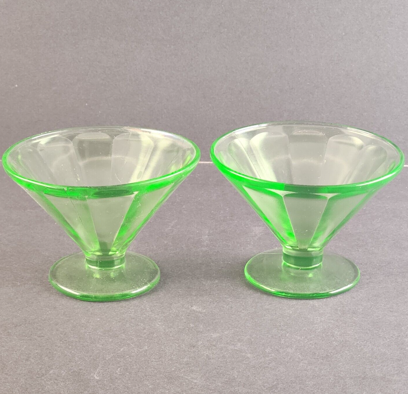 Set of 2 Depression Glass Footed Dessert Bowl Vintage Green Tinted Vaseline