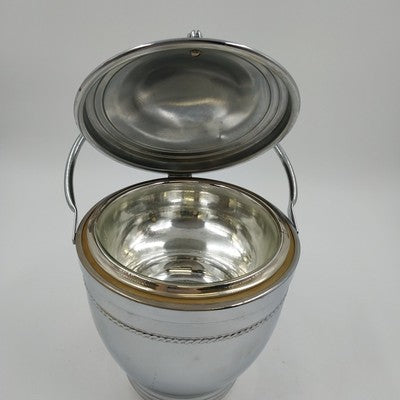 Silver Chromium Solid Brass Ice Bucket Cooler Hinged Lid Arm & Glass 13" 1950's
