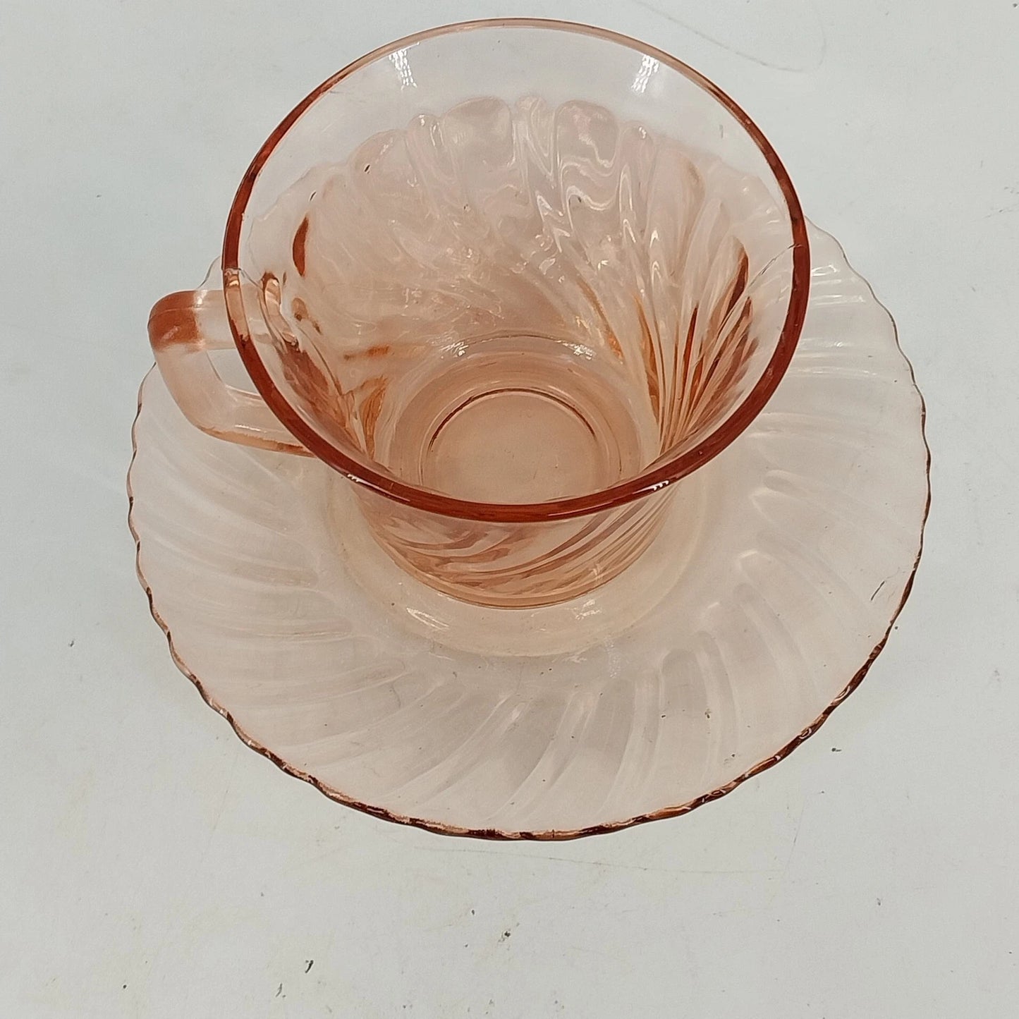 Fortecrisa Pink Swirl Ribbed Glass Cup & Saucer Set MCM Tableware Mexico Vtg