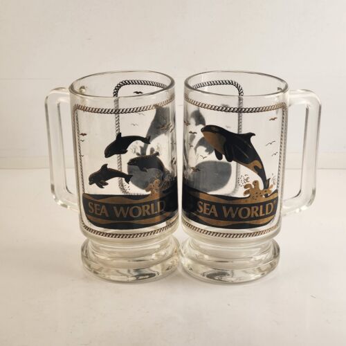 2 Sea World Clear Glass Mugs with Handles 16 Oz Vintage 6" high x 4½" Diameter