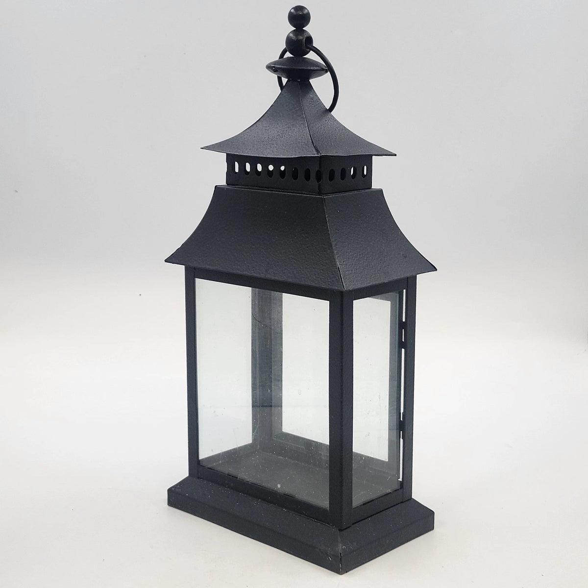 Candle Lantern 13" Black Metal Glass Rustic Farmhouse Hanging Pagoda /Tabletop