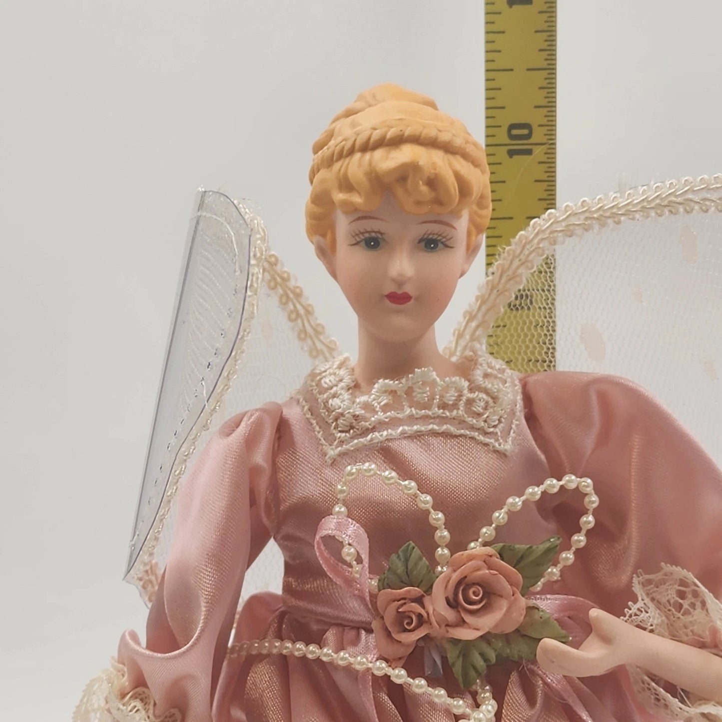 Christmas Tree Top Angel 10.5" Porcelain Head Hands Lace Freestanding Victorian