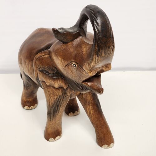 Wood Carved Elephant Painted and Stained Standing Vintage 10" L x 4½" W x 11" H