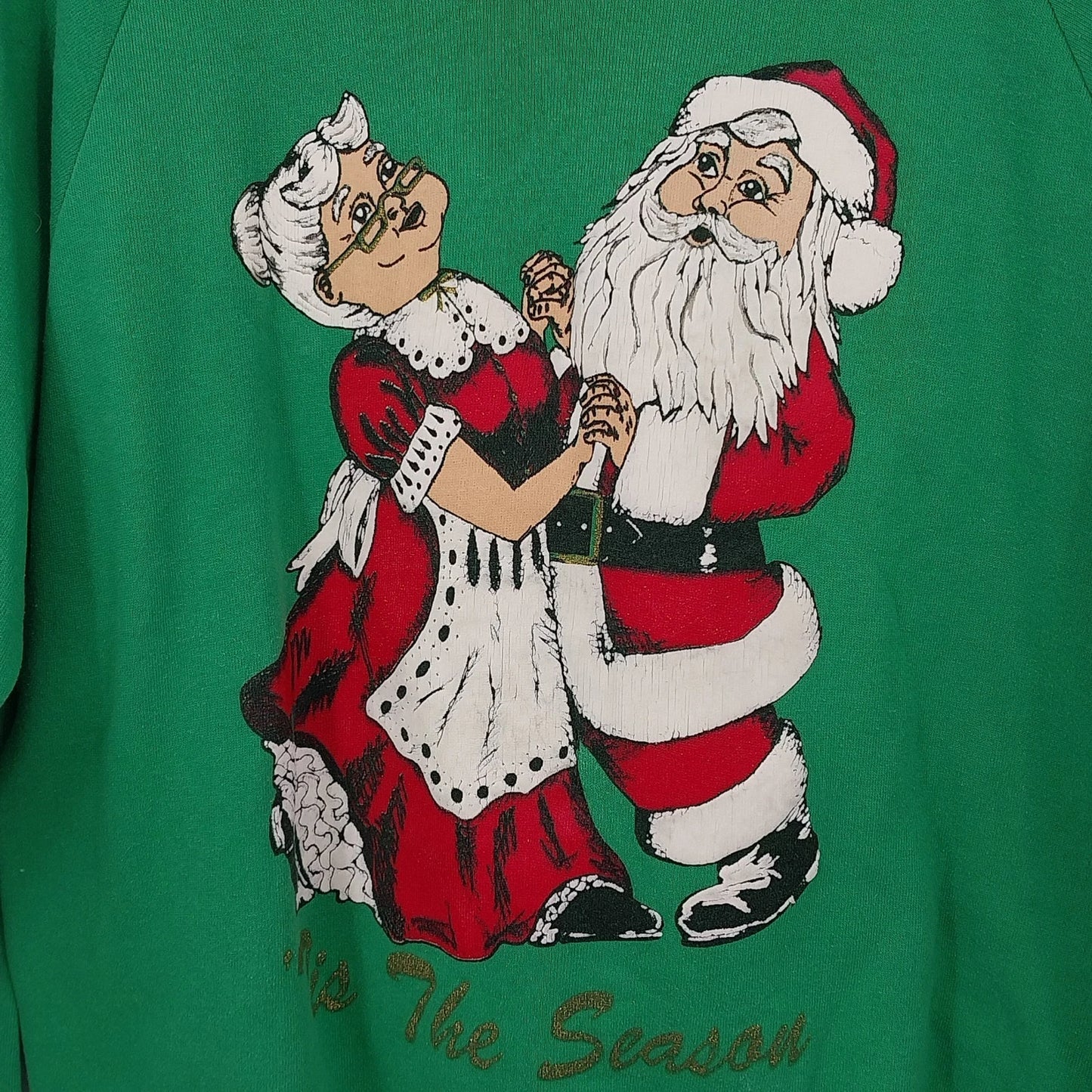 Jerzees XL Christmas Sweatshirt Santa Mrs Claus Green TIS THE SEASON 1990's USA