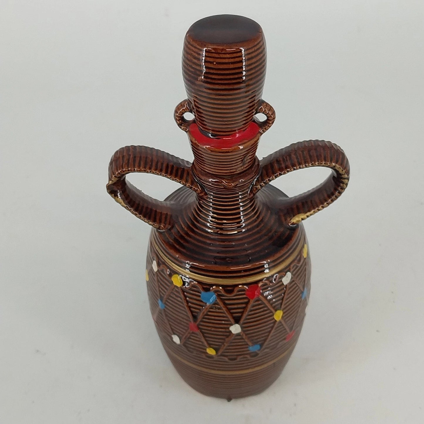 Japanese Brown Rickshaw Decanter Saki Shot Stopper Ceramic Hand Painted Barware
