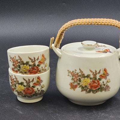 Teapot Set 4 Cups OMC Japan Butterflies Various Flowers w Rattan Handle Vintage
