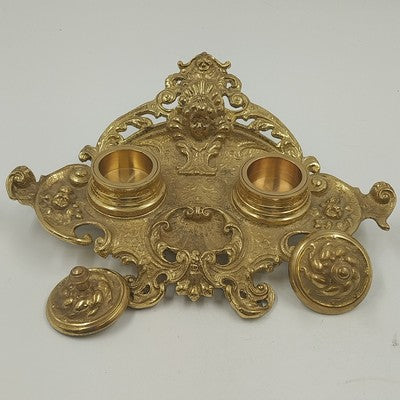Ornate Double Inkwell Gilded Bronze Cherub Floral 9.75" Lacquered Iron