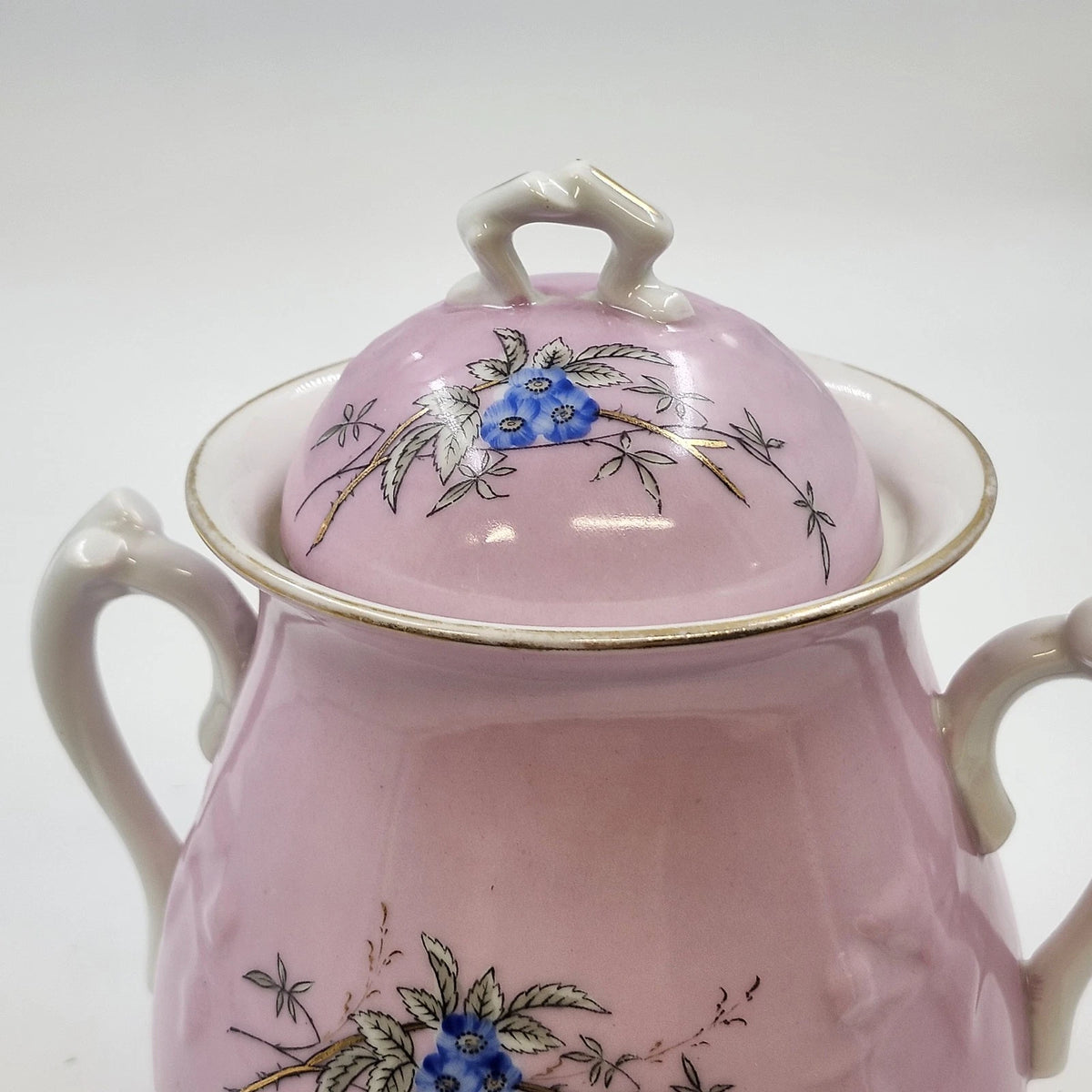 Pink Porcelain Biscuit Cookie Jar Bowl Covered Butterfly Birds Transfer Vintage