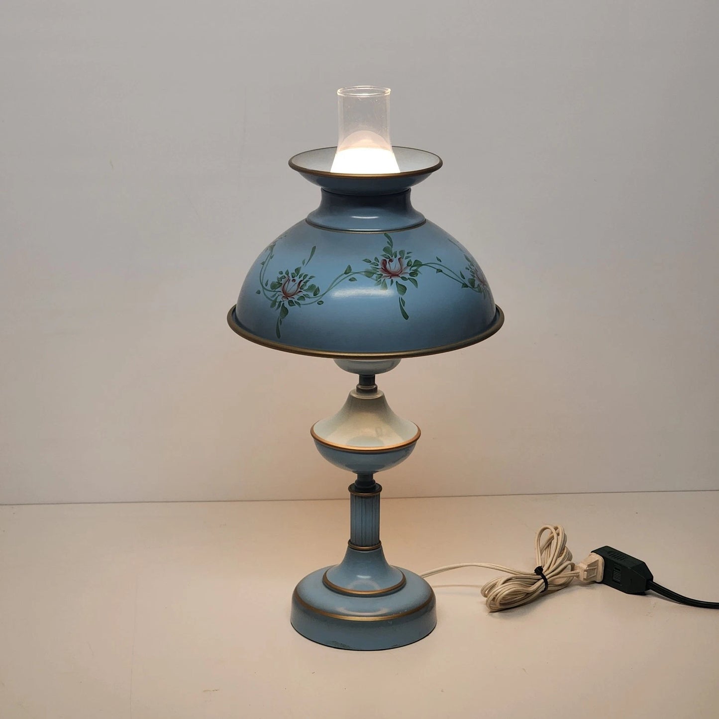 Metal Toleware Hurricane Lamp Glass Chimney MCM Desk Table Blue 18" Vintage