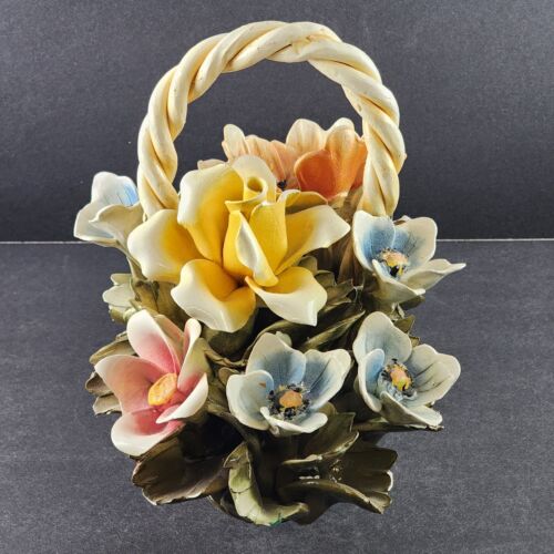 Capodimonte Porcelain Flower Basket Ardalt 4405 Yellow Pink Blue Italy Vintage