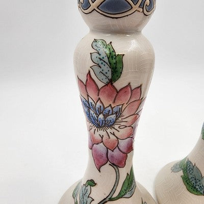 Ceramic Candlestick Holders 4"x 8" Hand Painted Pink Blue Floral Chinese Style