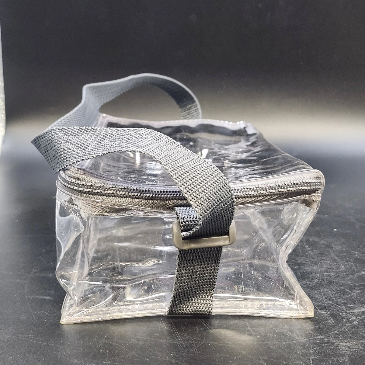 Get Organized Clear Vinyl Cosmetic Travel Organizer Bag Gray Strap 10" Zip Top