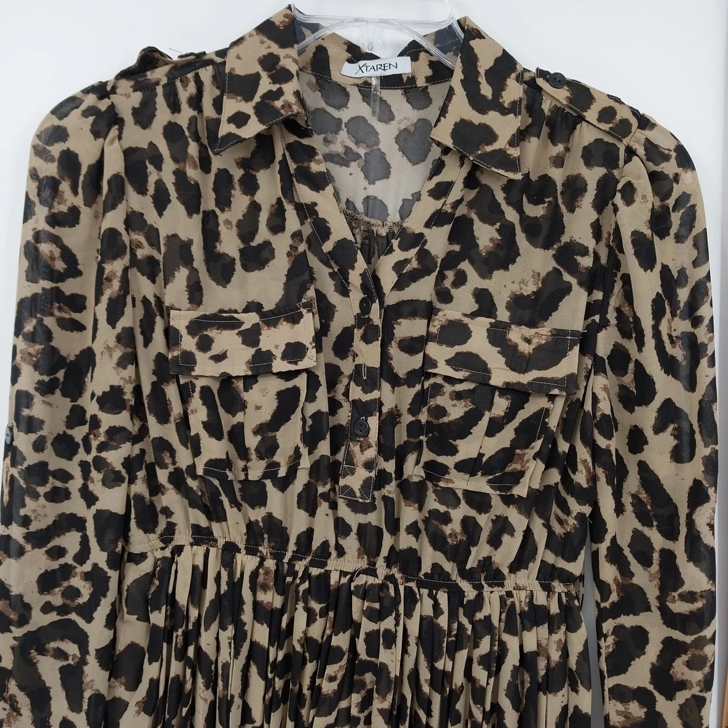 Xtaren Women's Leopard Print Sheer Pleated Mini Shirt Dress Long Sleeve Small