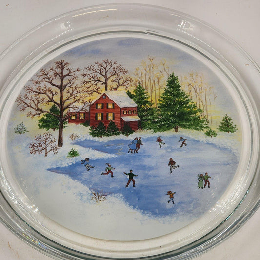Clear Winter Platter Indiana Glass Lancaster 13"x1'' Christmas Skating Scene