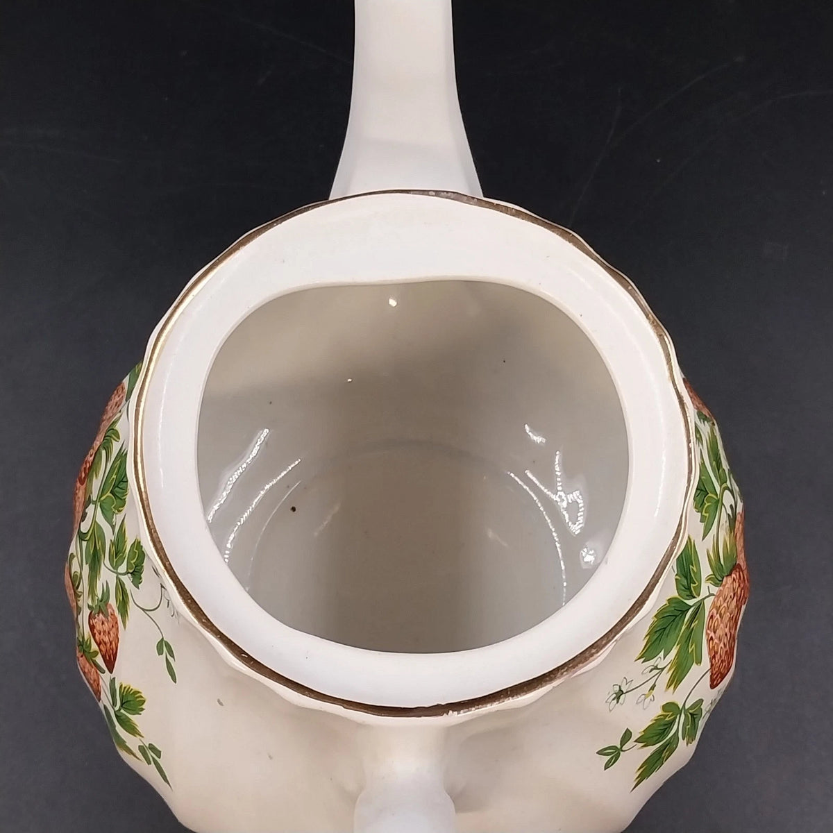 Strawberry Floral Leaves Ceramic Teapot with Ribbed Swirled Lid 6.5" Vtg Kitchen
