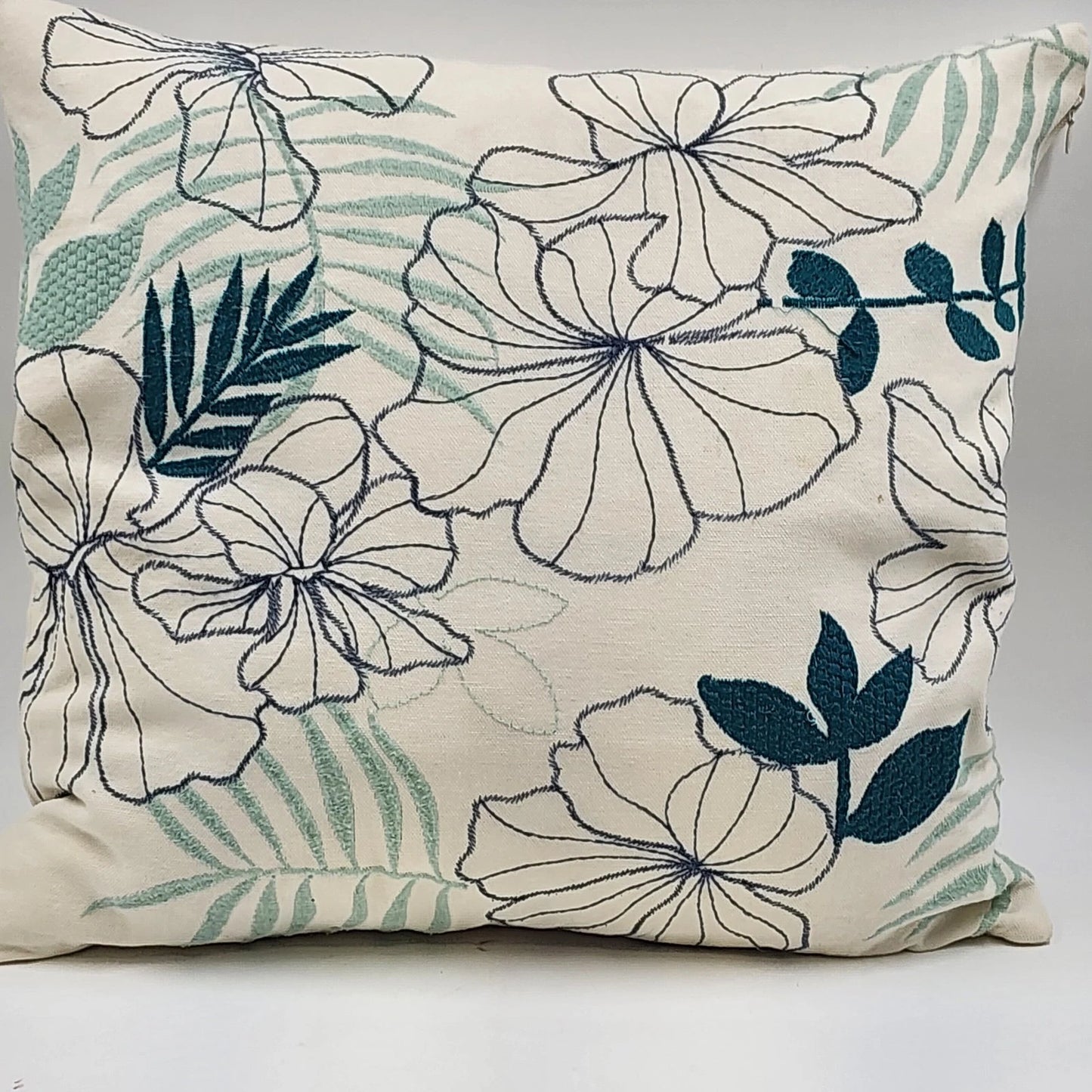 Decorative Down Throw Pillow 20"x20" White Green Embroidered Floral Leaf Pattern