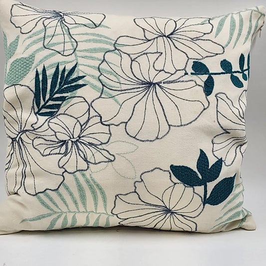 Decorative Down Throw Pillow 20"x20" White Green Embroidered Floral Leaf Pattern