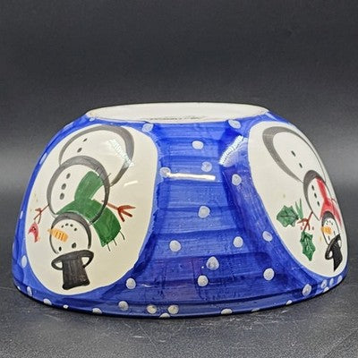 Large Serving Bowl 12" by Present Tense Italy Hand Painted Snowman & Holly Leaf