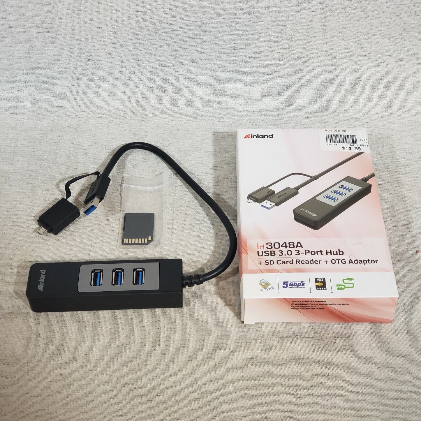 USB Hub 3.0 Inland iH 3048A 3-Port SD Card Reader OTG Adaptor Black