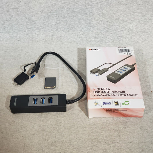 USB Hub 3.0 Inland iH 3048A 3-Port SD Card Reader OTG Adaptor Black