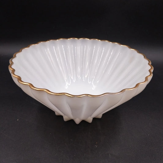 Fire-King Rachel Serving Bowl 11" Milk Glass Scalloped Gold Rim Anchor Hocking