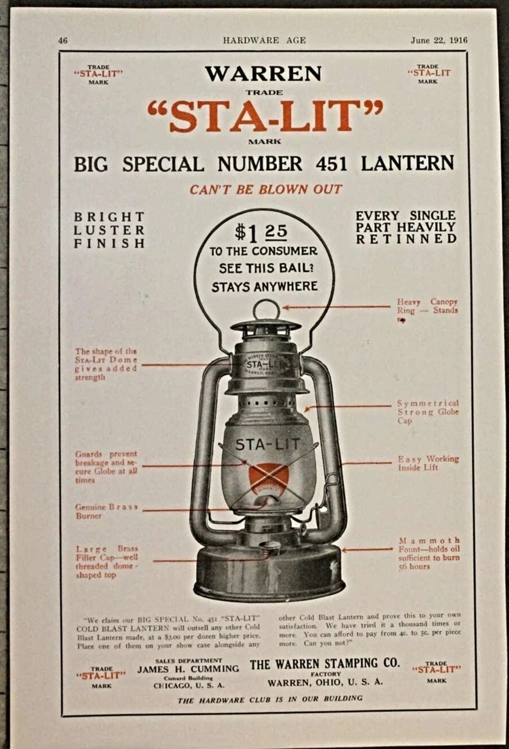 Antique Sta-Lit Kerosene Lantern Warren Stamping Original 14" Farmhouse Light