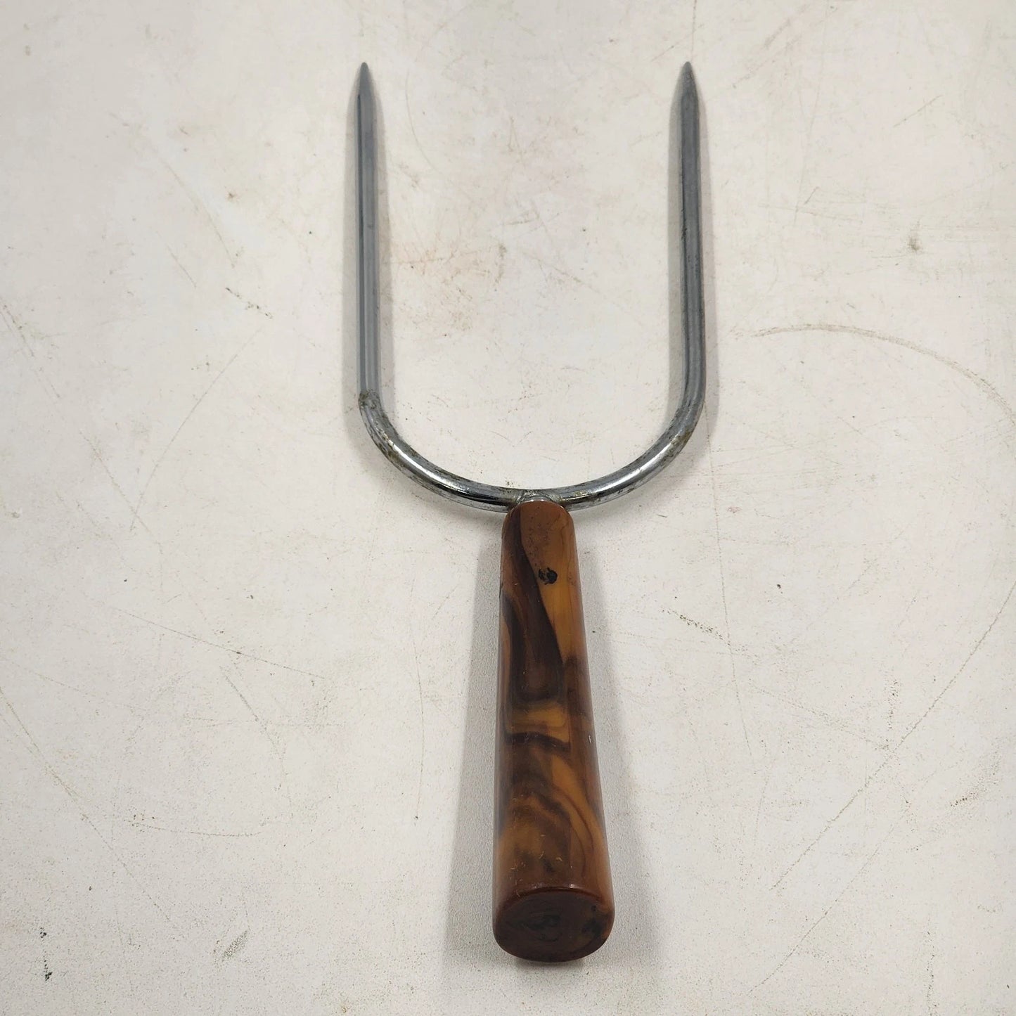 Wide Two Prong Carving Fork Langner Mfg Bakelite Handle Roast Holder USA Vtg