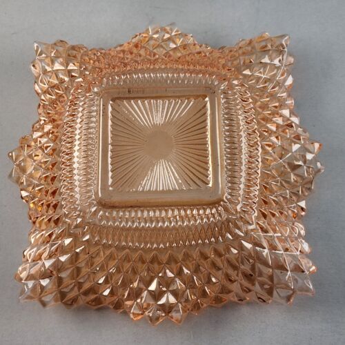 Candy Dish Indiana Glass Peach Color Diamond Point Ruffle Edge 6.5" Sq