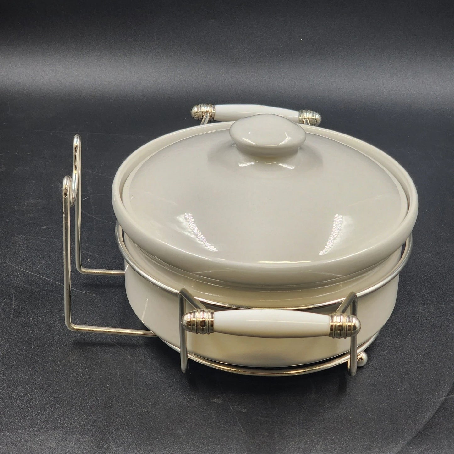 Simpson Ovenstone Casserole Dish with Lid & Silver Plated Serving Caddy 8" Vtg