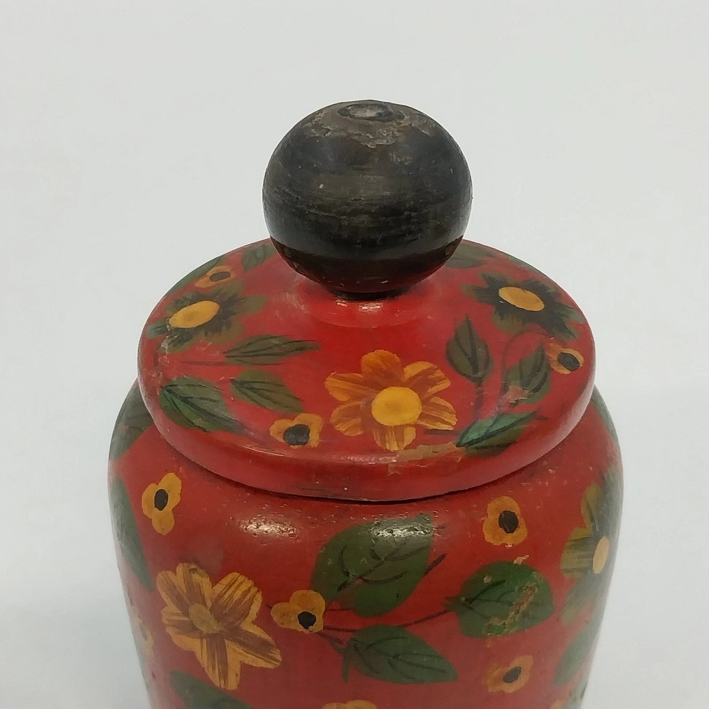 Pier 1 Hand Painted Wood Lidded Decorative Jar Red Floral India 4”