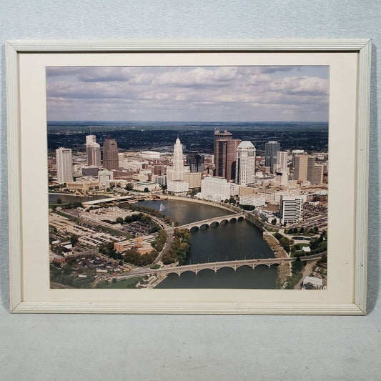 Aerial Photographic Print of Scioto River & Columbus Ohio Skyline Framed 1990s