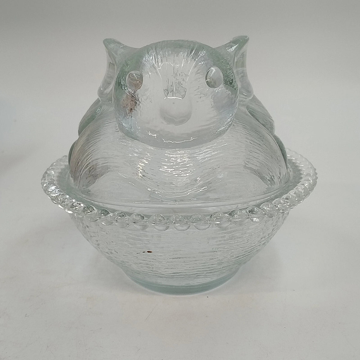 Indiana Glass Confections Bunny on Nest Candy Dish Clear Crystal w Lid USA Vtg