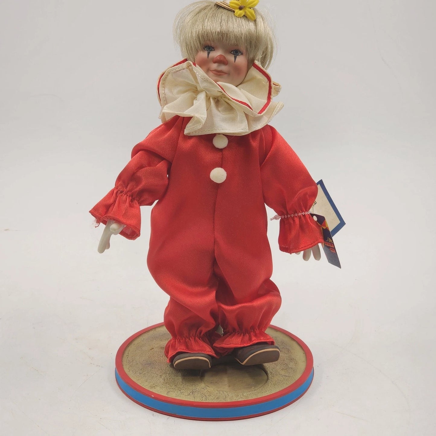 Tommy The Clown 11 Inch Porcelain Doll Blonde Hair with Ceramic Stand