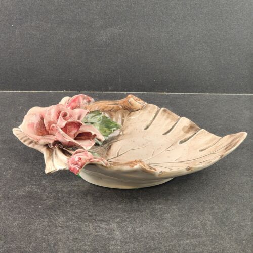 Capodimonte Large Rose Flower w Leaf Candy Dish Vintage Made in Italy 9" Chipped