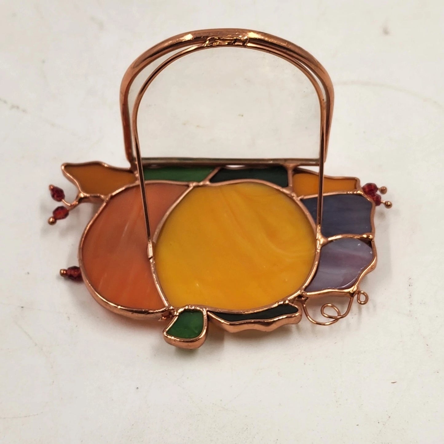 Stained Glass Pumpkin Tealight Holder Fall Apple Acorns 3D Decor Translucent Vtg