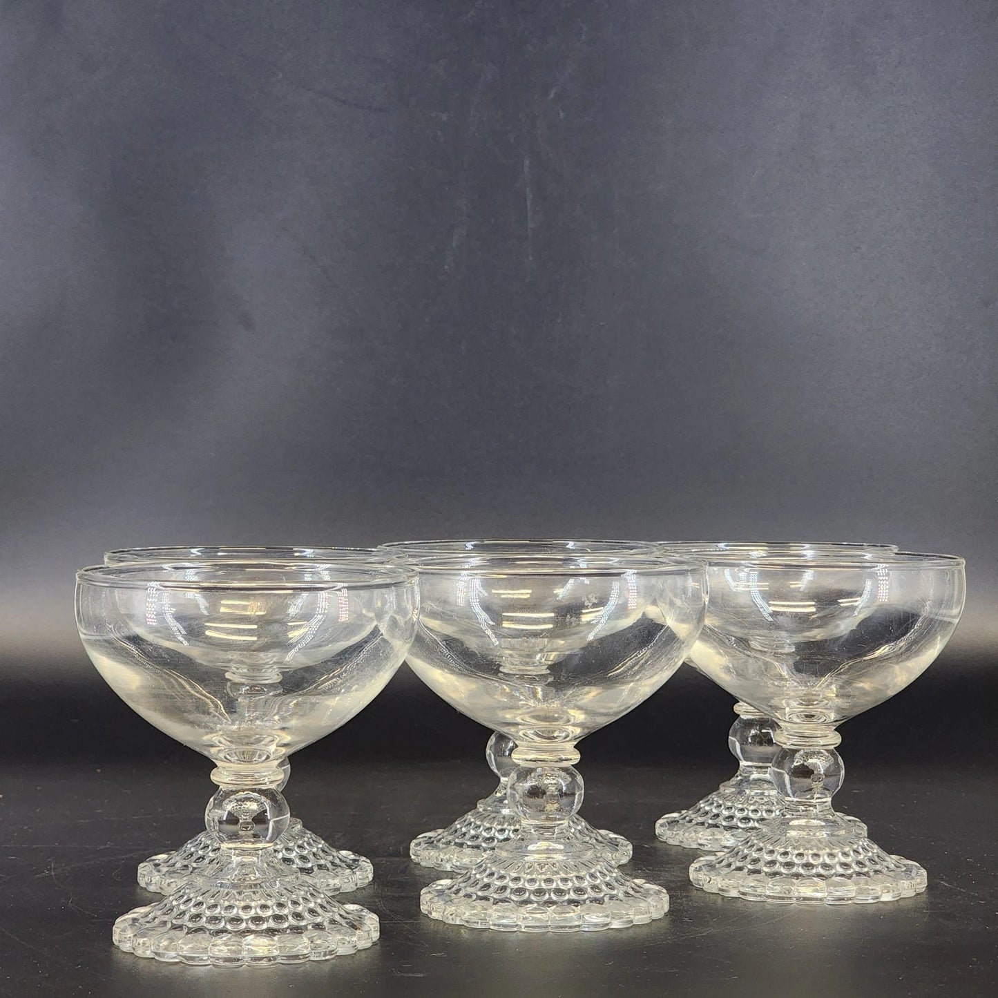 6 Anchor Hocking Bubble Foot Champagne Glasses 4" Mid Century Vintage Barware